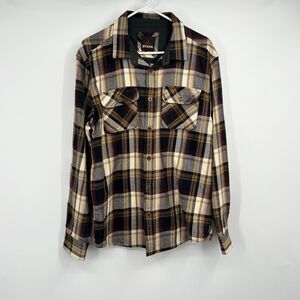 Prana Button Lybek LS Flannel Shirt Mens L Brown Plaid Western Rodeo Outdoor